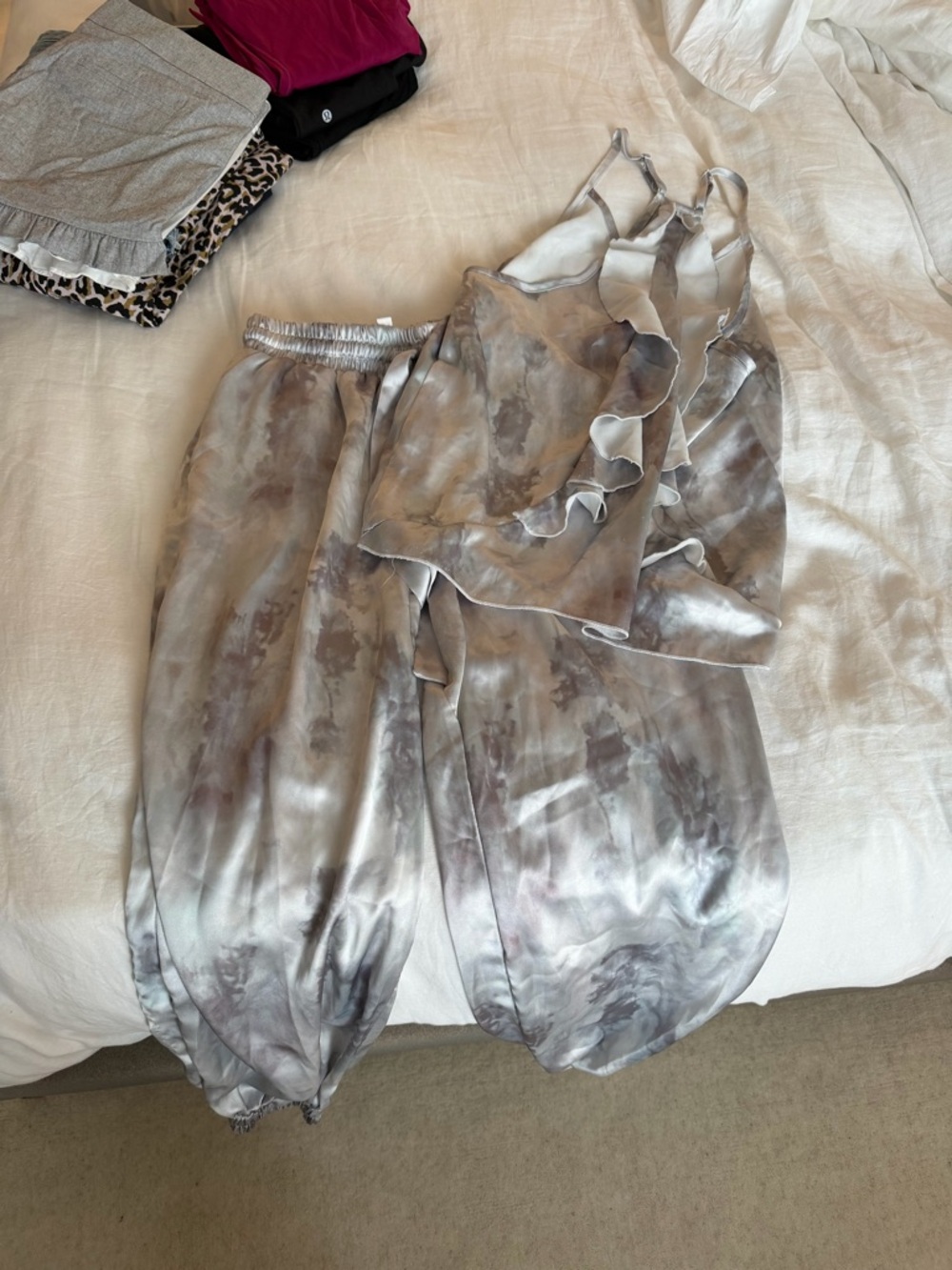 Women's Gray Tie-Dye Satin Pajama Set with Ruffle Cami